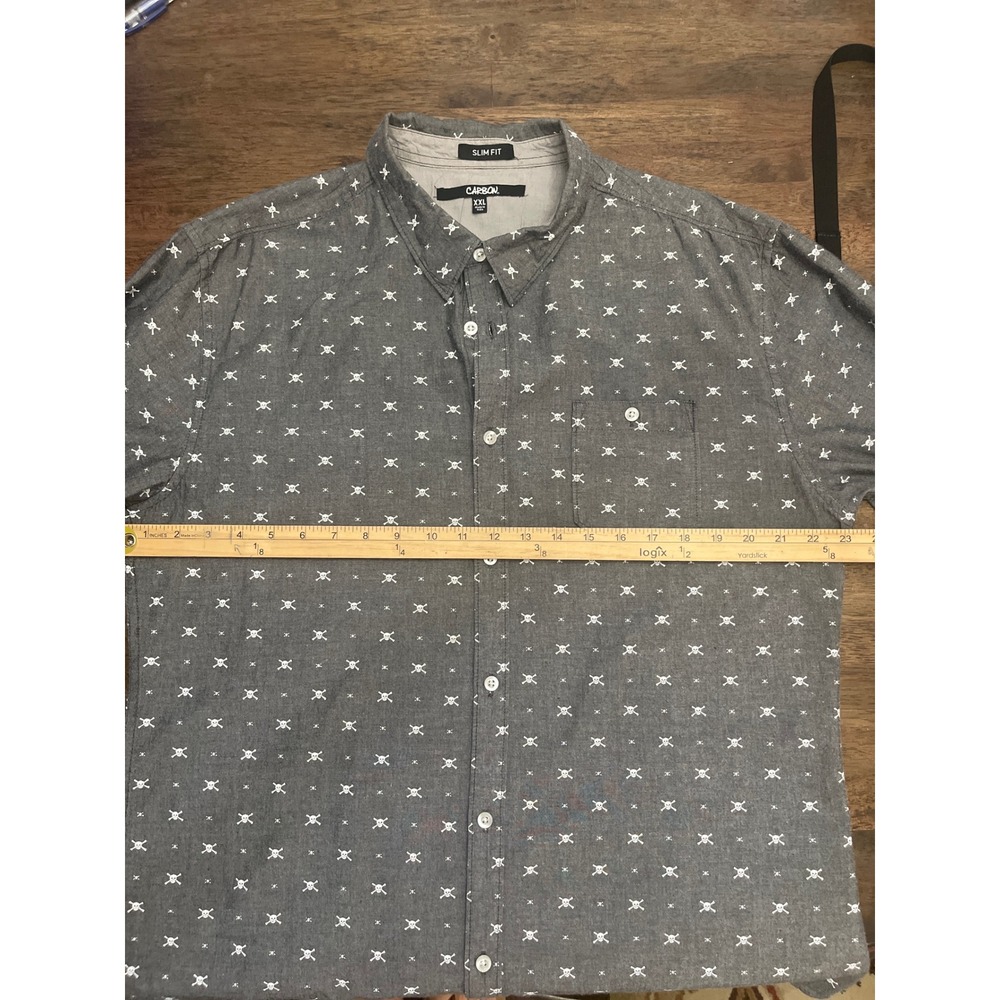Carbon Mens XXL Slim Fit Button Down Shirt Gray Skull Crossbones Long Sleeve - Picture 4 of 5